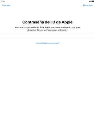 Introduce la contraseña de tu ID de Apple y pulsa Desactivar. Introduce la contraseña de tu ID de Apple y pulsa Desactivar.