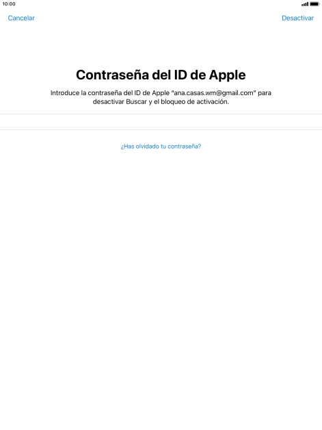 Introduce la contraseña de tu ID de Apple y pulsa Desactivar. Introduce la contraseña de tu ID de Apple y pulsa Desactivar.