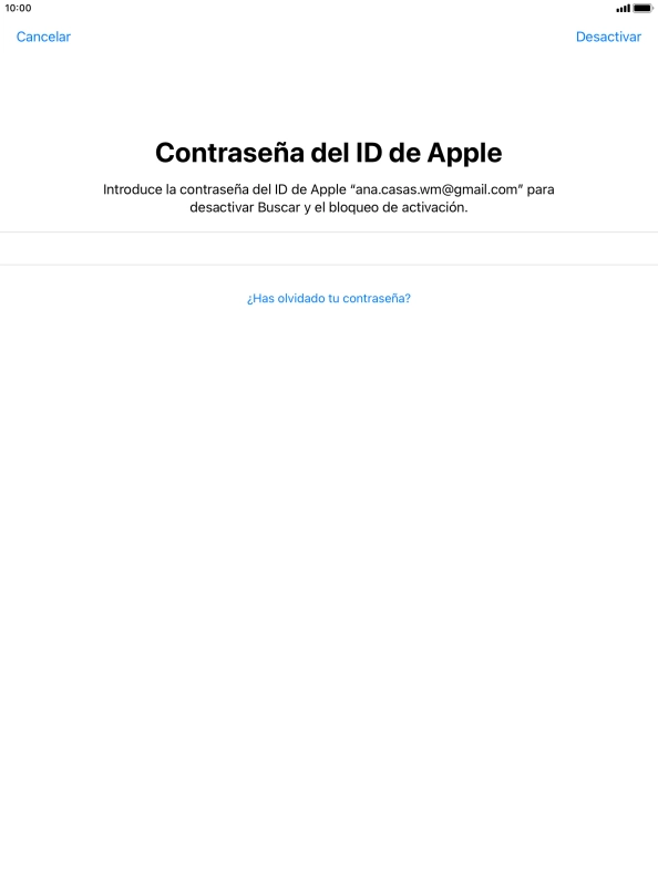 Introduce la contraseña de tu ID de Apple y pulsa Desactivar. Introduce la contraseña de tu ID de Apple y pulsa Desactivar.