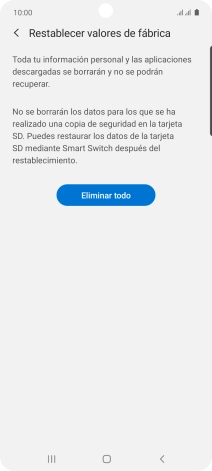 Pulsa Eliminar todo. Espera unos instantes mientras el teléfono restablece la configuración predeterminada. Sigue las indicaciones de la pantalla para configurar el teléfono y dejarlo listo para su uso. Pulsa Eliminar todo. Espera unos instantes mientras el teléfono restablece la configuración predeterminada. Sigue las indicaciones de la pantalla para configurar el teléfono y dejarlo listo para su uso.