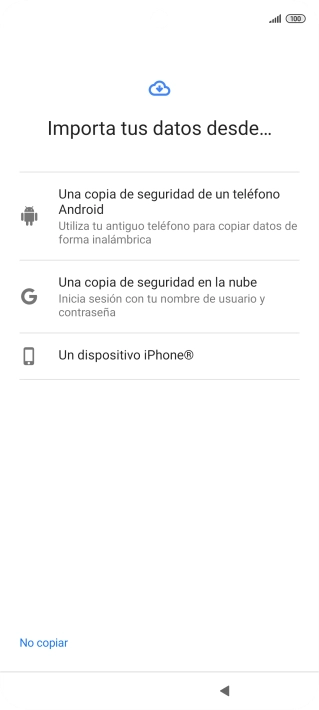 Pulsa la opción deseada y sigue las indicaciones de la pantalla para transferir contenido desde el otro teléfono y finalizar la activación de tu teléfono. Pulsa la opción deseada y sigue las indicaciones de la pantalla para transferir contenido desde el otro teléfono y finalizar la activación de tu teléfono.