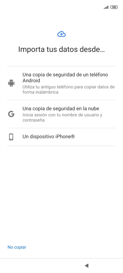 Pulsa la opción deseada y sigue las indicaciones de la pantalla para transferir contenido desde el otro teléfono y finalizar la activación de tu teléfono. Pulsa la opción deseada y sigue las indicaciones de la pantalla para transferir contenido desde el otro teléfono y finalizar la activación de tu teléfono.
