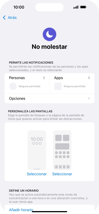 Pulsa Personas y sigue las indicaciones de la pantalla para seleccionar de qué contactos quieres recibir llamadas y notificaciones cuando No molestar está activado. Pulsa Personas y sigue las indicaciones de la pantalla para seleccionar de qué contactos quieres recibir llamadas y notificaciones cuando No molestar está activado.