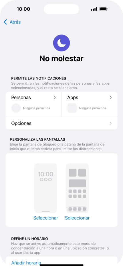 Pulsa Personas y sigue las indicaciones de la pantalla para seleccionar de qué contactos quieres recibir llamadas y notificaciones cuando No molestar está activado. Pulsa Personas y sigue las indicaciones de la pantalla para seleccionar de qué contactos quieres recibir llamadas y notificaciones cuando No molestar está activado.