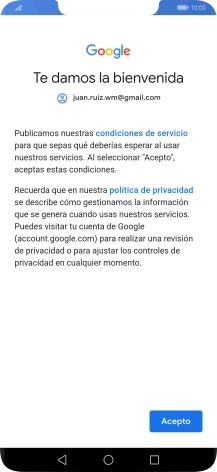 Pulsa Acepto y sigue las indicaciones de la pantalla para seleccionar los ajustes de tu cuenta de Google. Pulsa Acepto y sigue las indicaciones de la pantalla para seleccionar los ajustes de tu cuenta de Google.