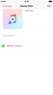 Pulsa en el campo de escritura e introduce el nombre de la lista de reproducción. Pulsa en el campo de escritura e introduce el nombre de la lista de reproducción.