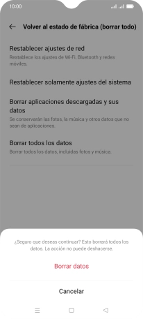 Pulsa Borrar datos. Espera unos instantes mientras el teléfono restablece la configuración predeterminada. Sigue las indicaciones de la pantalla para configurar el teléfono y dejarlo listo para su uso. Pulsa Borrar datos. Espera unos instantes mientras el teléfono restablece la configuración predeterminada. Sigue las indicaciones de la pantalla para configurar el teléfono y dejarlo listo para su uso.