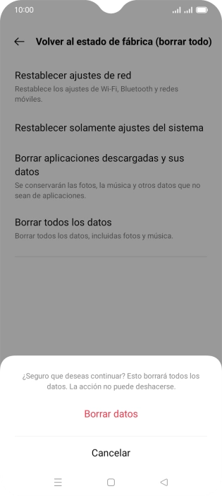 Pulsa Borrar datos. Espera unos instantes mientras el teléfono restablece la configuración predeterminada. Sigue las indicaciones de la pantalla para configurar el teléfono y dejarlo listo para su uso. Pulsa Borrar datos. Espera unos instantes mientras el teléfono restablece la configuración predeterminada. Sigue las indicaciones de la pantalla para configurar el teléfono y dejarlo listo para su uso.