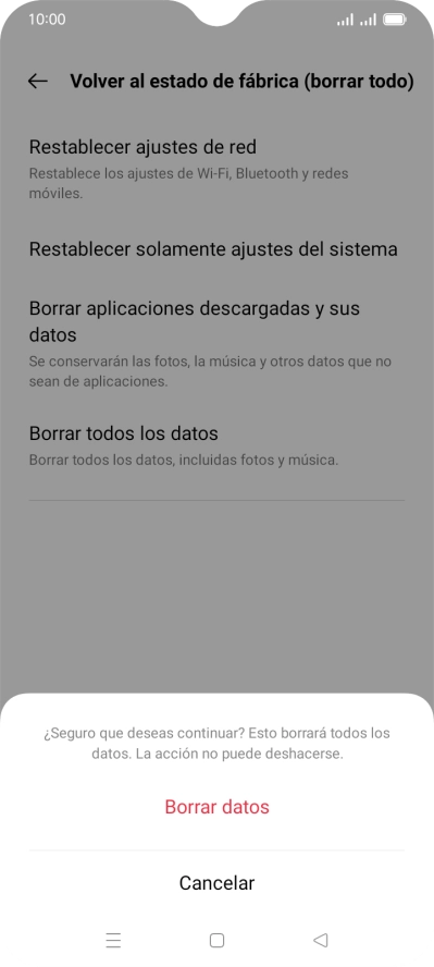 Pulsa Borrar datos. Espera unos instantes mientras el teléfono restablece la configuración predeterminada. Sigue las indicaciones de la pantalla para configurar el teléfono y dejarlo listo para su uso. Pulsa Borrar datos. Espera unos instantes mientras el teléfono restablece la configuración predeterminada. Sigue las indicaciones de la pantalla para configurar el teléfono y dejarlo listo para su uso.