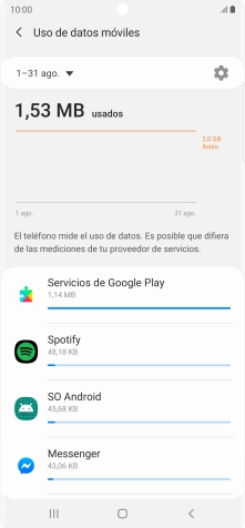 El consumo de datos por cada aplicación aparece bajo el nombre de la aplicación. El consumo de datos por cada aplicación aparece bajo el nombre de la aplicación.