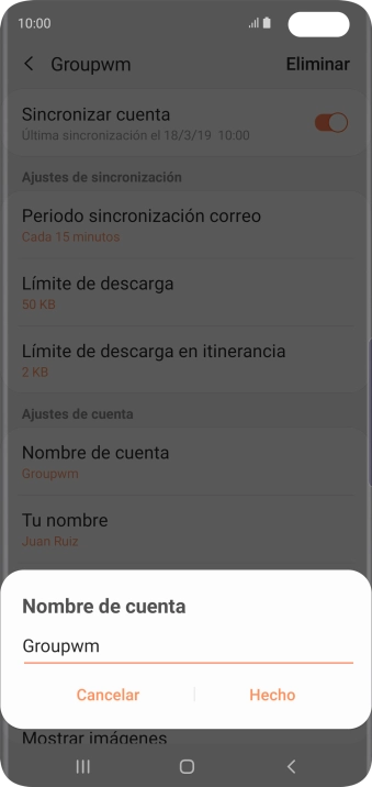 Introduce el nombre deseado de la cuenta de correo electrónico y pulsa Hecho. Introduce el nombre deseado de la cuenta de correo electrónico y pulsa Hecho.