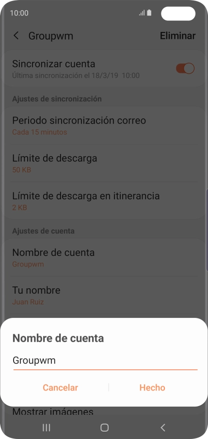 Introduce el nombre deseado de la cuenta de correo electrónico y pulsa Hecho. Introduce el nombre deseado de la cuenta de correo electrónico y pulsa Hecho.