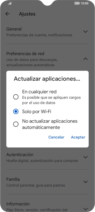 Para activar la actualización automática de apps a través de la red móvil, pulsa el campo junto a Para activar la actualización automática de apps a través de la red móvil, pulsa el campo junto a