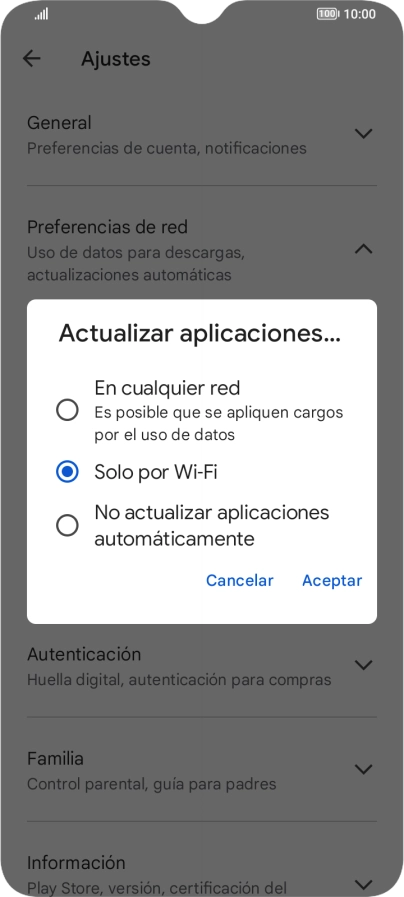 Para activar la actualización automática de apps a través de la red móvil, pulsa el campo junto a Para activar la actualización automática de apps a través de la red móvil, pulsa el campo junto a