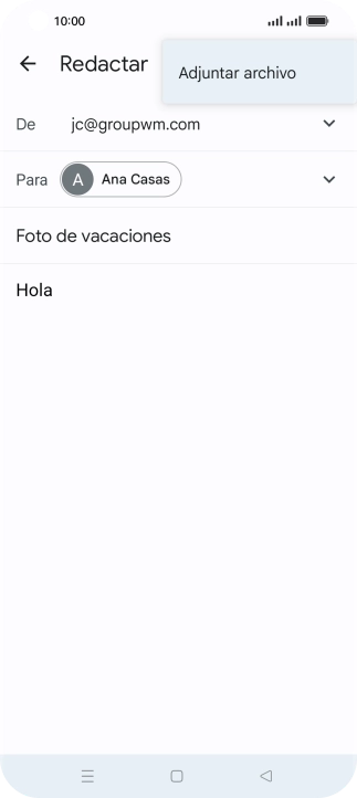 Pulsa Adjuntar archivo y desplázate a la carpeta deseada. Pulsa Adjuntar archivo y desplázate a la carpeta deseada.