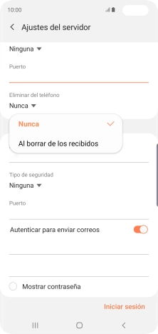 Pulsa Nunca para conservar los correos electrónicos en el servidor cuando los borras del teléfono. Pulsa Nunca para conservar los correos electrónicos en el servidor cuando los borras del teléfono.