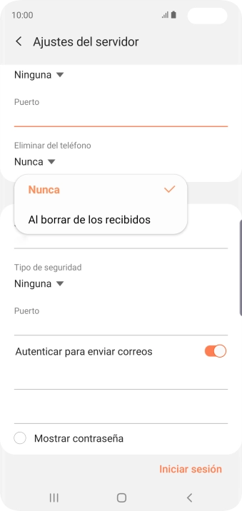 Pulsa Nunca para conservar los correos electrónicos en el servidor cuando los borras del teléfono. Pulsa Nunca para conservar los correos electrónicos en el servidor cuando los borras del teléfono.