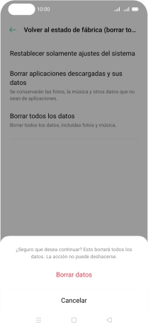 Pulsa Borrar datos. Espera unos instantes mientras el teléfono restablece la configuración predeterminada. Sigue las indicaciones de la pantalla para configurar el teléfono y dejarlo listo para su uso. Pulsa Borrar datos. Espera unos instantes mientras el teléfono restablece la configuración predeterminada. Sigue las indicaciones de la pantalla para configurar el teléfono y dejarlo listo para su uso.