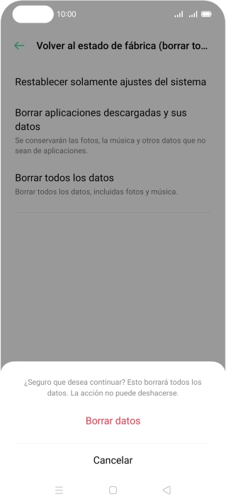 Pulsa Borrar datos. Espera unos instantes mientras el teléfono restablece la configuración predeterminada. Sigue las indicaciones de la pantalla para configurar el teléfono y dejarlo listo para su uso. Pulsa Borrar datos. Espera unos instantes mientras el teléfono restablece la configuración predeterminada. Sigue las indicaciones de la pantalla para configurar el teléfono y dejarlo listo para su uso.