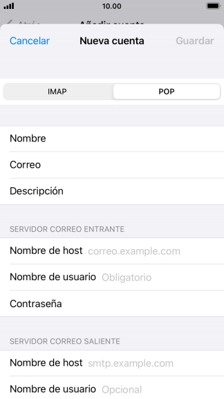 Pulsa Nombre de host e introduce el nombre del servidor de correo de entrada de tu proveedor de correo electrónico. Pulsa Nombre de host e introduce el nombre del servidor de correo de entrada de tu proveedor de correo electrónico.