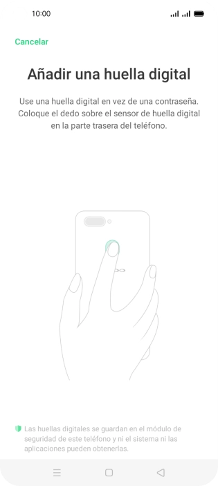 Sigue las indicaciones de la pantalla para crear una huella digital como código de seguridad. Sigue las indicaciones de la pantalla para crear una huella digital como código de seguridad.