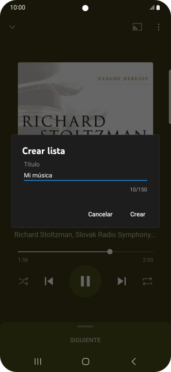 Introduce el nombre deseado de la lista de reproducción y pulsa Crear. Introduce el nombre deseado de la lista de reproducción y pulsa Crear.