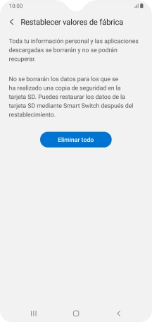 Pulsa Eliminar todo. Espera unos instantes mientras el teléfono restablece la configuración predeterminada. Sigue las indicaciones de la pantalla para configurar el teléfono y dejarlo listo para su uso. Pulsa Eliminar todo. Espera unos instantes mientras el teléfono restablece la configuración predeterminada. Sigue las indicaciones de la pantalla para configurar el teléfono y dejarlo listo para su uso.