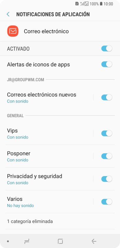 Pulsa el indicador bajo la cuenta de correo electrónico deseada para activar o desactivar la función. Pulsa el indicador bajo la cuenta de correo electrónico deseada para activar o desactivar la función.