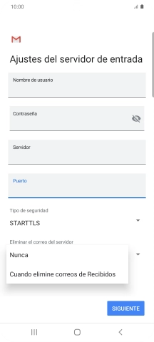 Pulsa Nunca para conservar los correos electrónicos en el servidor cuando los borras del teléfono. Pulsa Nunca para conservar los correos electrónicos en el servidor cuando los borras del teléfono.