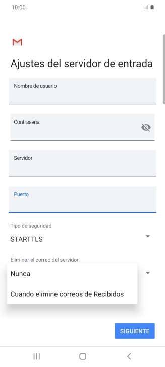 Pulsa Nunca para conservar los correos electrónicos en el servidor cuando los borras del teléfono. Pulsa Nunca para conservar los correos electrónicos en el servidor cuando los borras del teléfono.