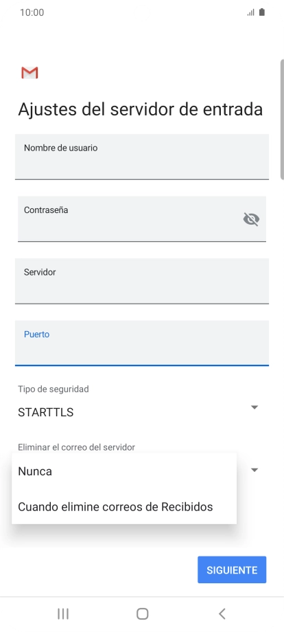 Pulsa Nunca para conservar los correos electrónicos en el servidor cuando los borras del teléfono. Pulsa Nunca para conservar los correos electrónicos en el servidor cuando los borras del teléfono.