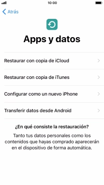 Puedes restaurar el contenido de una copia de seguridad en iCloud cuando el teléfono se activa antes de utilizarlo por primera vez y cuando lo restableces. Cuando aparece esta imagen de pantalla, tu teléfono está listo para restaurar el contenido de una copia de seguridad en iCloud. Puedes restaurar el contenido de una copia de seguridad en iCloud cuando el teléfono se activa antes de utilizarlo por primera vez y cuando lo restableces. Cuando aparece esta imagen de pantalla, tu teléfono está listo para restaurar el contenido de una copia de seguridad en iCloud.