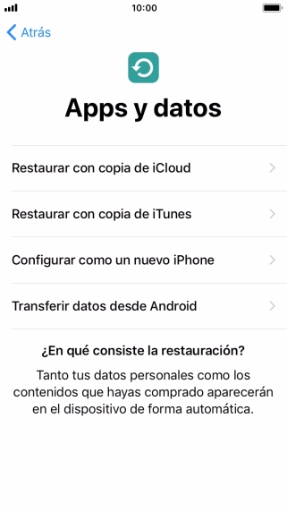 Puedes restaurar el contenido de una copia de seguridad en iCloud cuando el teléfono se activa antes de utilizarlo por primera vez y cuando lo restableces. Cuando aparece esta imagen de pantalla, tu teléfono está listo para restaurar el contenido de una copia de seguridad en iCloud. Puedes restaurar el contenido de una copia de seguridad en iCloud cuando el teléfono se activa antes de utilizarlo por primera vez y cuando lo restableces. Cuando aparece esta imagen de pantalla, tu teléfono está listo para restaurar el contenido de una copia de seguridad en iCloud.