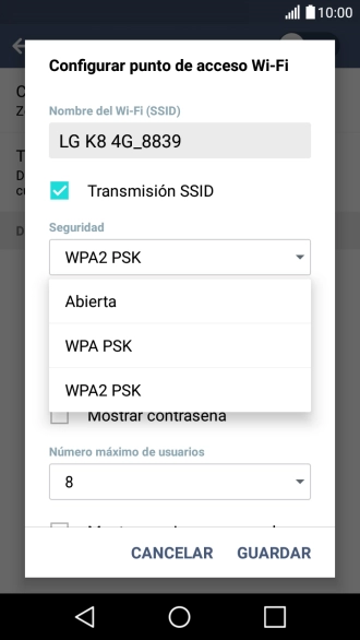 Pulsa WPA2 PSK para proteger la conexión wifi con una contraseña. Pulsa WPA2 PSK para proteger la conexión wifi con una contraseña.