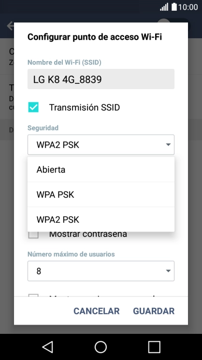 Pulsa WPA2 PSK para proteger la conexión wifi con una contraseña. Pulsa WPA2 PSK para proteger la conexión wifi con una contraseña.