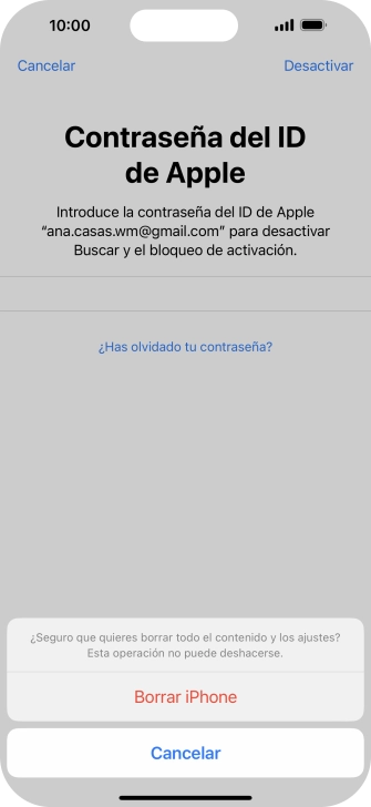 Introduce la contraseña de tu ID de Apple y pulsa Borrar iPhone. Espera unos instantes mientras el teléfono restablece la configuración predeterminada. Sigue las indicaciones de la pantalla para configurar el teléfono y dejarlo listo para su uso. Introduce la contraseña de tu ID de Apple y pulsa Borrar iPhone. Espera unos instantes mientras el teléfono restablece la configuración predeterminada. Sigue las indicaciones de la pantalla para configurar el teléfono y dejarlo listo para su uso.