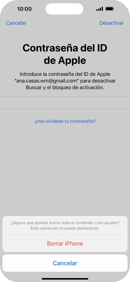 Introduce la contraseña de tu ID de Apple y pulsa Borrar iPhone. Espera unos instantes mientras el teléfono restablece la configuración predeterminada. Sigue las indicaciones de la pantalla para configurar el teléfono y dejarlo listo para su uso. Introduce la contraseña de tu ID de Apple y pulsa Borrar iPhone. Espera unos instantes mientras el teléfono restablece la configuración predeterminada. Sigue las indicaciones de la pantalla para configurar el teléfono y dejarlo listo para su uso.