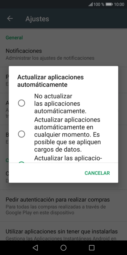 Para desactivar la actualización automática de apps, pulsa No actualizar las aplicaciones automáticamente.. Para desactivar la actualización automática de apps, pulsa No actualizar las aplicaciones automáticamente..