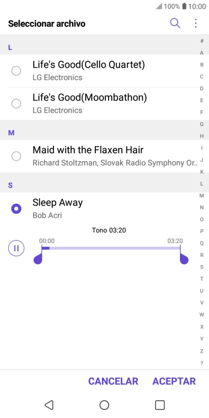 Al encontrar un timbre de llamada de tu gusto, pulsa ACEPTAR. Al encontrar un timbre de llamada de tu gusto, pulsa ACEPTAR.
