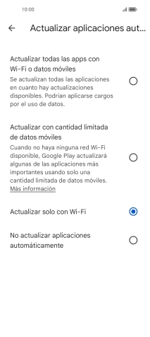 Para activar la actualización automática de apps utilizando la red móvil, pulsa Actualizar todas las apps con Wi-Fi o datos móviles. Para activar la actualización automática de apps utilizando la red móvil, pulsa Actualizar todas las apps con Wi-Fi o datos móviles.