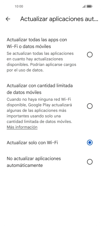 Para activar la actualización automática de apps utilizando la red móvil, pulsa Actualizar todas las apps con Wi-Fi o datos móviles. Para activar la actualización automática de apps utilizando la red móvil, pulsa Actualizar todas las apps con Wi-Fi o datos móviles.