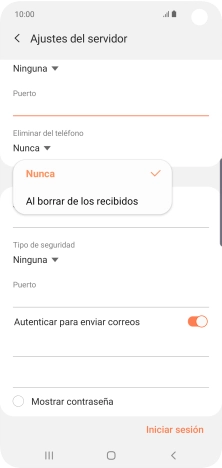 Pulsa Nunca para conservar los correos electrónicos en el servidor cuando los borras del teléfono. Pulsa Nunca para conservar los correos electrónicos en el servidor cuando los borras del teléfono.