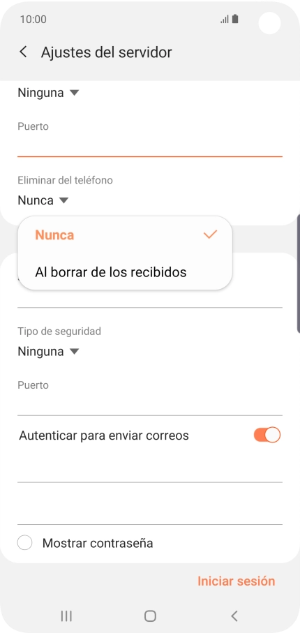 Pulsa Nunca para conservar los correos electrónicos en el servidor cuando los borras del teléfono. Pulsa Nunca para conservar los correos electrónicos en el servidor cuando los borras del teléfono.