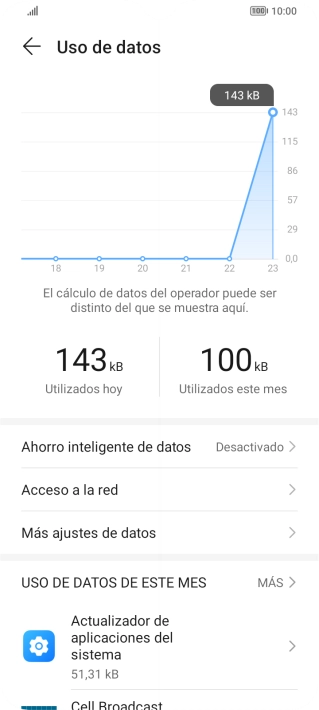 El consumo total de datos se visualiza bajo el nombre de la aplicación. El consumo total de datos se visualiza bajo el nombre de la aplicación.