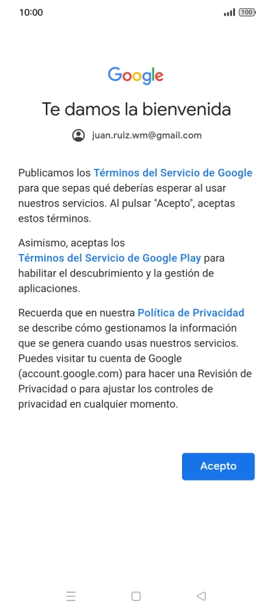 Pulsa Acepto y sigue las indicaciones de la pantalla para seleccionar los ajustes de tu cuenta de Google. Pulsa Acepto y sigue las indicaciones de la pantalla para seleccionar los ajustes de tu cuenta de Google.