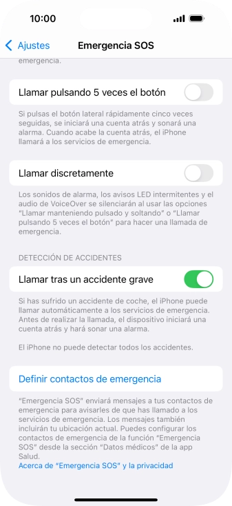Pulsa Definir contactos de emergencia y sigue las indicaciones de la pantalla para insertar la información y tus contactos de emergencia. Pulsa Definir contactos de emergencia y sigue las indicaciones de la pantalla para insertar la información y tus contactos de emergencia.