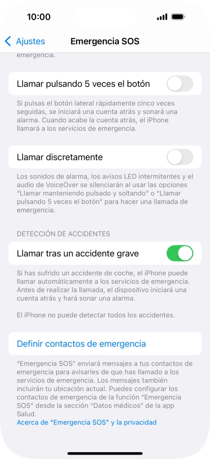 Pulsa Definir contactos de emergencia y sigue las indicaciones de la pantalla para insertar la información y tus contactos de emergencia. Pulsa Definir contactos de emergencia y sigue las indicaciones de la pantalla para insertar la información y tus contactos de emergencia.