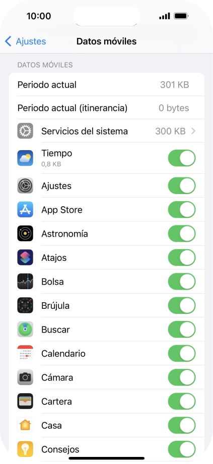 El consumo de datos por cada aplicación aparece bajo el nombre de la aplicación. El consumo de datos por cada aplicación aparece bajo el nombre de la aplicación.