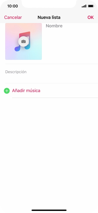 Pulsa en el campo de escritura e introduce el nombre de la lista de reproducción. Pulsa en el campo de escritura e introduce el nombre de la lista de reproducción.