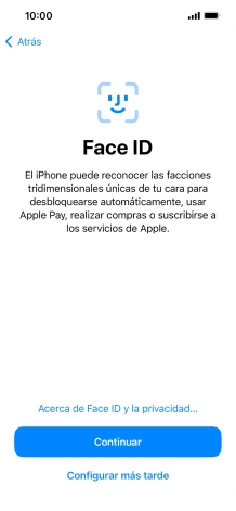 Sigue las indicaciones de la pantalla para activar el uso del reconocimiento facial (Face ID) o pulsa Configurar más tarde. Sigue las indicaciones de la pantalla para activar el uso del reconocimiento facial (Face ID) o pulsa Configurar más tarde.